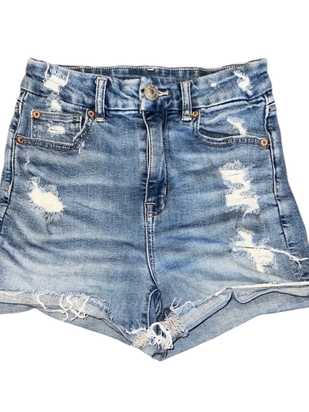 American Eagle size 8 blue distressed high-rise Super Stretch frayed hem shorts